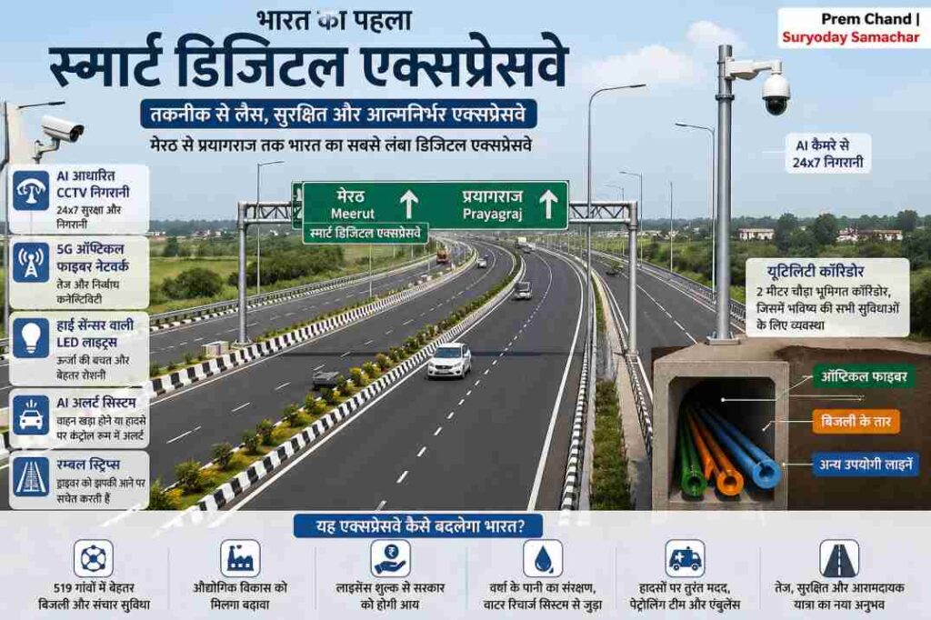 एक आधुनिक एक्सप्रेसवे जहां एलईडी लाइट, सीसीटीवी कैमरे और साफ सड़क दिखाई दे रही है, जो डिजिटल तकनीक को दर्शाती है।