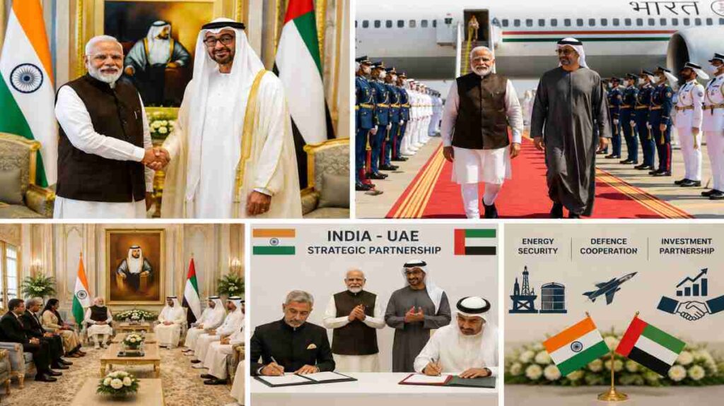 प्रधानमंत्री नरेंद्र मोदी और यूएई राष्ट्रपति के बीच रणनीतिक साझेदारी और ऊर्जा समझौतों पर चर्चा का दृश्य।