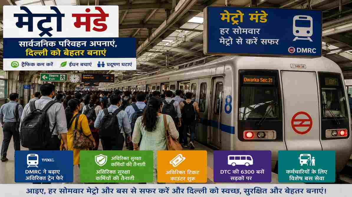 दिल्ली मेट्रो स्टेशन पर बड़ी संख्या में यात्री मेट्रो मंडे अभियान के तहत सफर करते हुए दिखाई दे रहे हैं। DMRC ने अतिरिक्त ट्रेन और सुरक्षा व्यवस्था लागू की है।