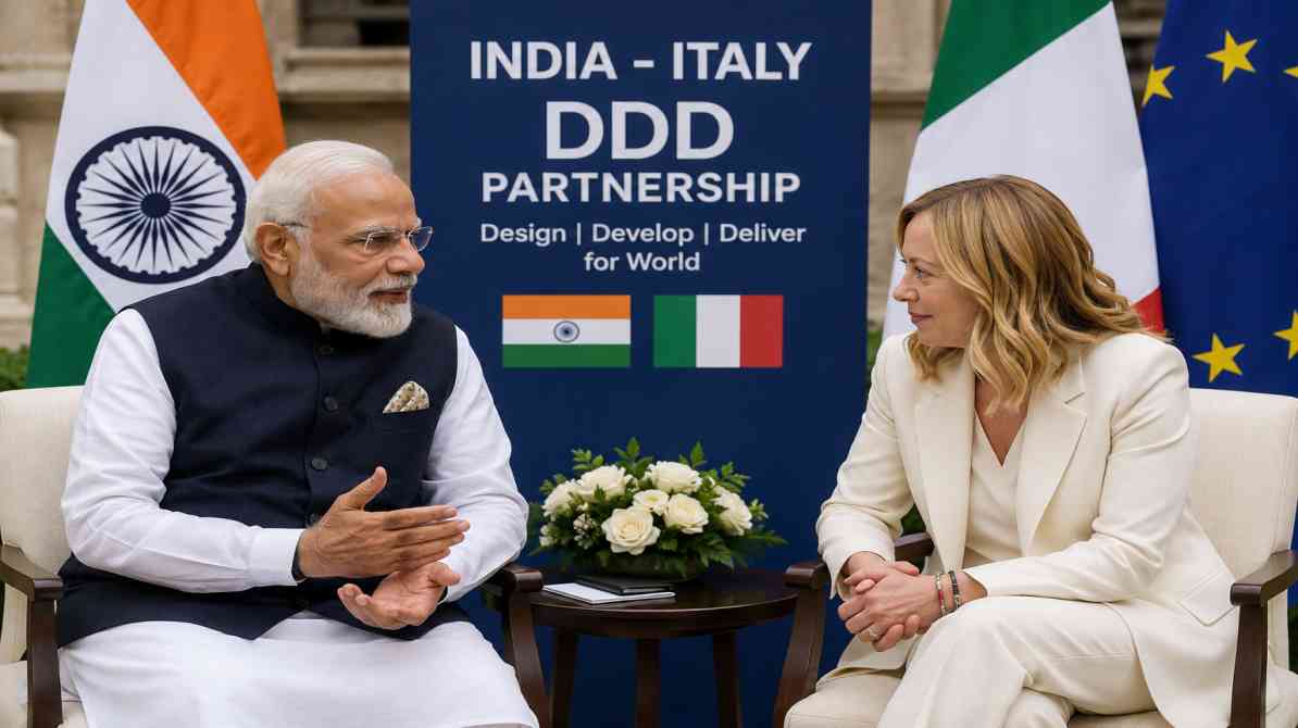 इटली दौरे के दौरान प्रधानमंत्री नरेंद्र मोदी और जॉर्जिया मेलोनी रणनीतिक साझेदारी और DDD डील पर बातचीत करते हुए।