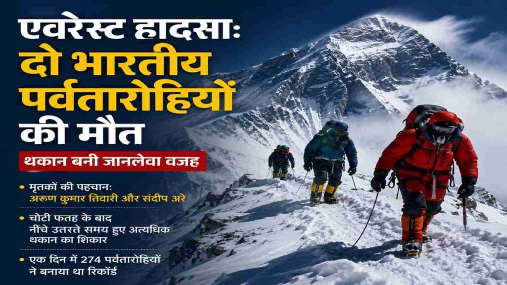 बर्फ से ढके माउंट एवरेस्ट पर चढ़ाई करते पर्वतारोही, जहां लौटते समय दो भारतीय पर्वतारोहियों की मौत हो गई।