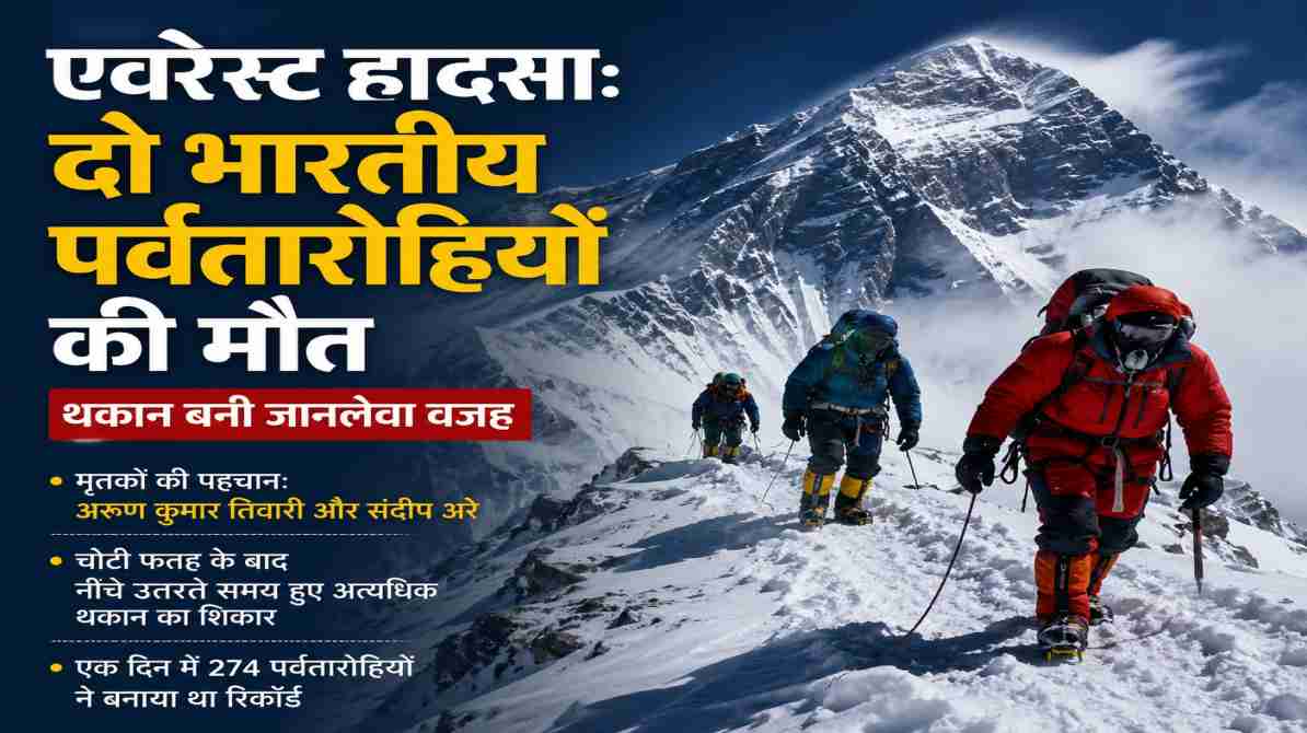 बर्फ से ढके माउंट एवरेस्ट पर चढ़ाई करते पर्वतारोही, जहां लौटते समय दो भारतीय पर्वतारोहियों की मौत हो गई।