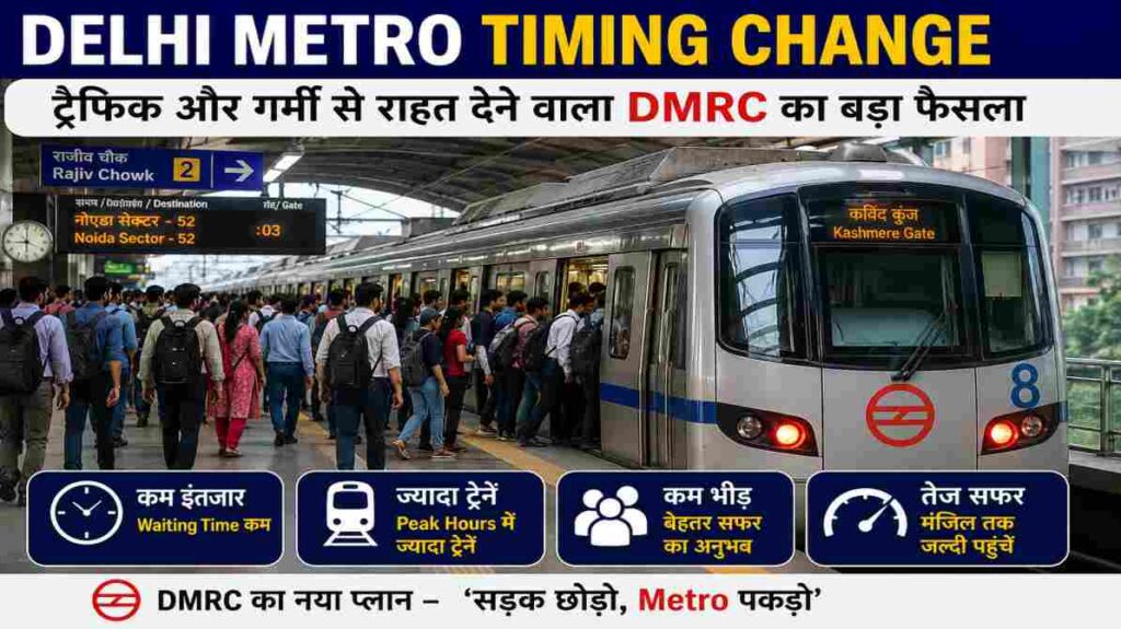 भीड़भाड़ वाले Metro स्टेशन पर खड़ी Delhi Metro ट्रेन, जहां यात्री नई टाइमिंग व्यवस्था का लाभ लेते दिखाई दे रहे हैं।