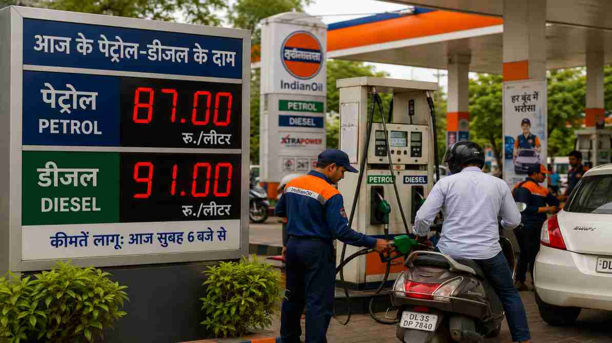 एक भारतीय पेट्रोल पंप पर वाहन चालक ईंधन भरवाते हुए दिखाई दे रहे हैं, जबकि डिजिटल बोर्ड पर नई पेट्रोल-डीजल कीमतें प्रदर्शित हैं।