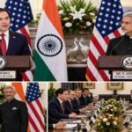 हैदराबाद हाउस में संयुक्त प्रेस कॉन्फ्रेंस के दौरान भारत और अमेरिका के विदेश मंत्रियों की बैठक का दृश्य।