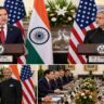 हैदराबाद हाउस में संयुक्त प्रेस कॉन्फ्रेंस के दौरान भारत और अमेरिका के विदेश मंत्रियों की बैठक का दृश्य।