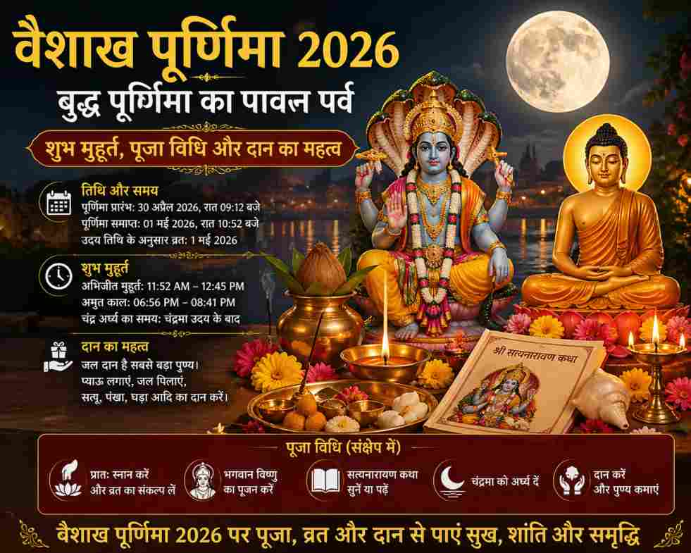 वैशाख पूर्णिमा 2026 पर भगवान विष्णु और बुद्ध पूजा का दृश्य