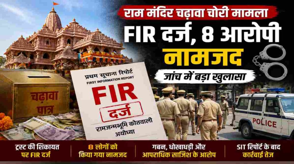 अयोध्या स्थित श्रीराम मंदिर का प्रतीकात्मक दृश्य, जिसमें चढ़ावा चोरी मामले में पुलिस जांच और एफआईआर दर्ज होने को दर्शाया गया है।