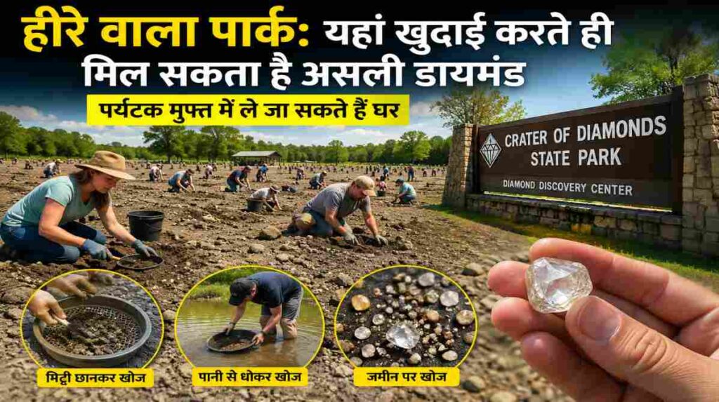 37 एकड़ में फैले अमेरिका के क्रेटर ऑफ डायमंड्स स्टेट पार्क में पर्यटक खुदाई कर असली हीरे तलाशते हुए, जहां मिला हीरा अपने साथ ले जाने की अनुमति है।