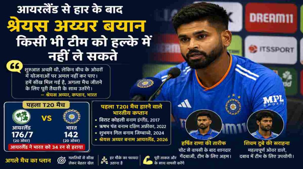 पहले टी20 में हार के बाद प्रेस कॉन्फ्रेंस के दौरान भारतीय कप्तान श्रेयस अय्यर, पीछे टीम इंडिया की ब्रांडिंग और क्रिकेट स्टेडियम का दृश्य।