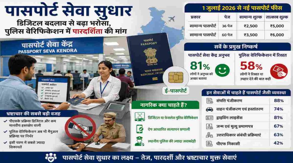 एक आधुनिक पासपोर्ट सेवा केंद्र का दृश्य, जहां नागरिक डिजिटल कियोस्क पर आवेदन कर रहे हैं। पृष्ठभूमि में ई-पासपोर्ट का प्रतीक, भारत का मानचित्र और पुलिस वेरिफिकेशन को दर्शाने वाले ग्राफिक्स दिखाई दे रहे हैं।
