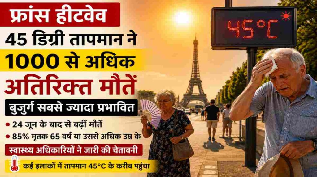 फ्रांस के एक शहरी क्षेत्र में भीषण गर्मी के बीच खाली सड़क, तेज धूप, डिजिटल तापमान डिस्प्ले पर 45°C और गर्मी से बचाव करते बुजुर्ग नागरिकों का यथार्थवादी दृश्य।