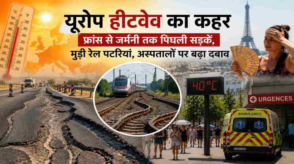 भीषण यूरोप हीटवेव के बीच पिघली सड़क, मुड़ी हुई रेल पटरी, तेज धूप, गर्मी से परेशान लोग और आपातकालीन सेवाओं का यथार्थवादी दृश्य।