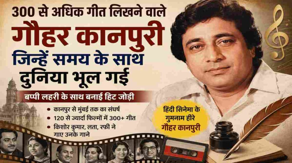 कानपुर में जन्मे प्रसिद्ध गीतकार गौहर कानपुरी, जिन्होंने बप्पी लहरी सहित कई दिग्गज संगीतकारों के साथ काम किया और 120 से अधिक फिल्मों के लिए 300 से ज्यादा गीत लिखे।