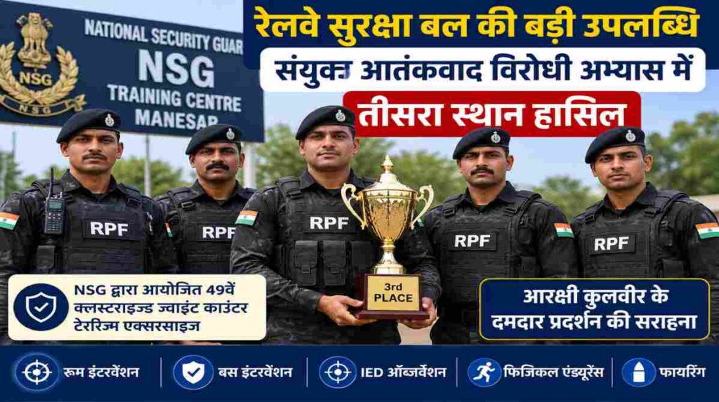 हरियाणा के मानेसर स्थित NSG ट्रेनिंग सेंटर में आयोजित 49वें क्लस्टराइज्ड ज्वाइंट काउंटर टेररिज्म एक्सरसाइज में तीसरा स्थान हासिल करने वाली रेलवे सुरक्षा बल (RPF) की कमांडो टीम का प्रतीकात्मक दृश्य।